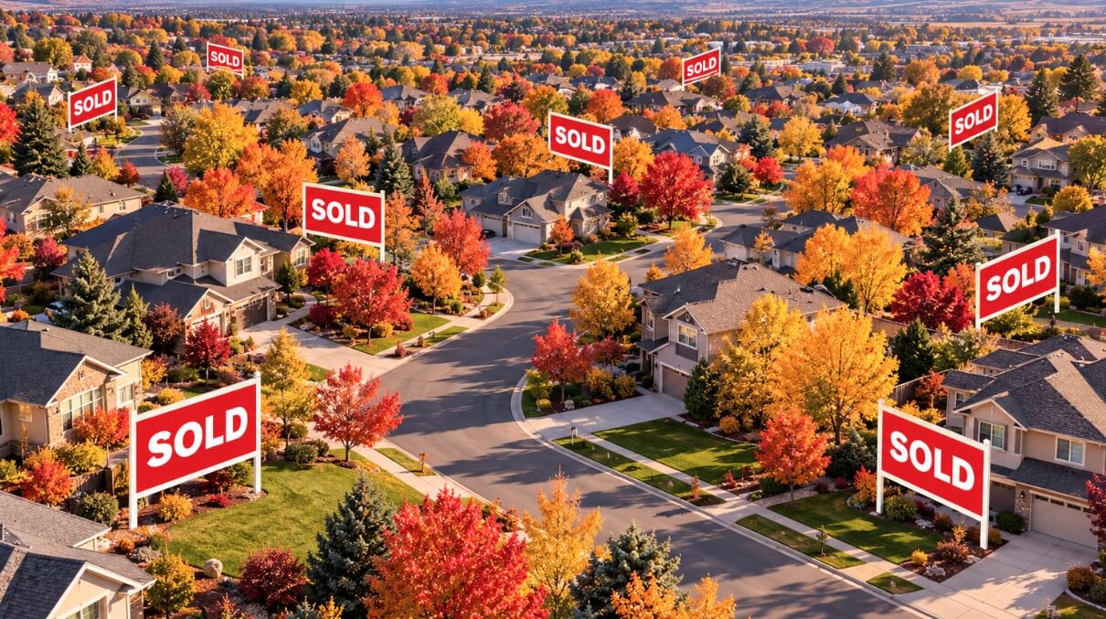 Autumn neighborhood with sold signs in front of homes